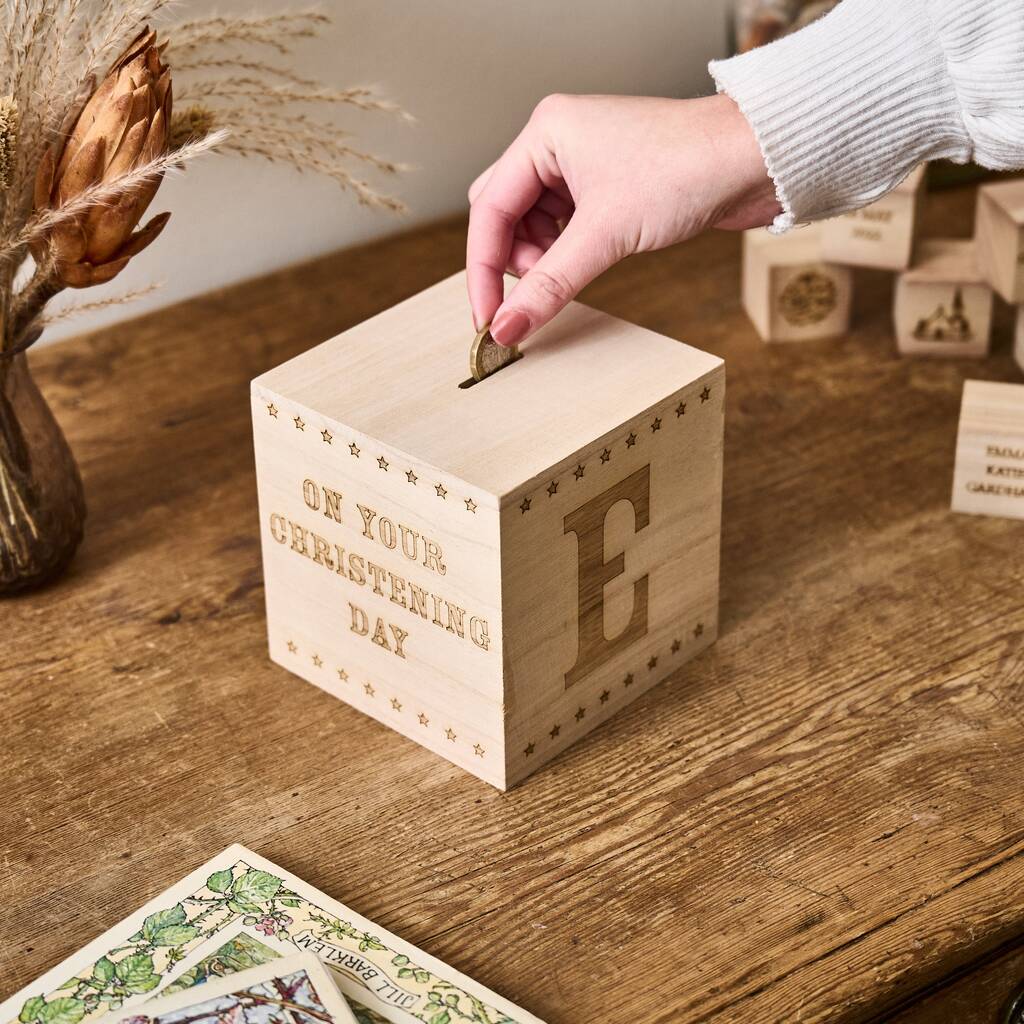 Personalised Christening Wooden Money Box, 1 of 8
