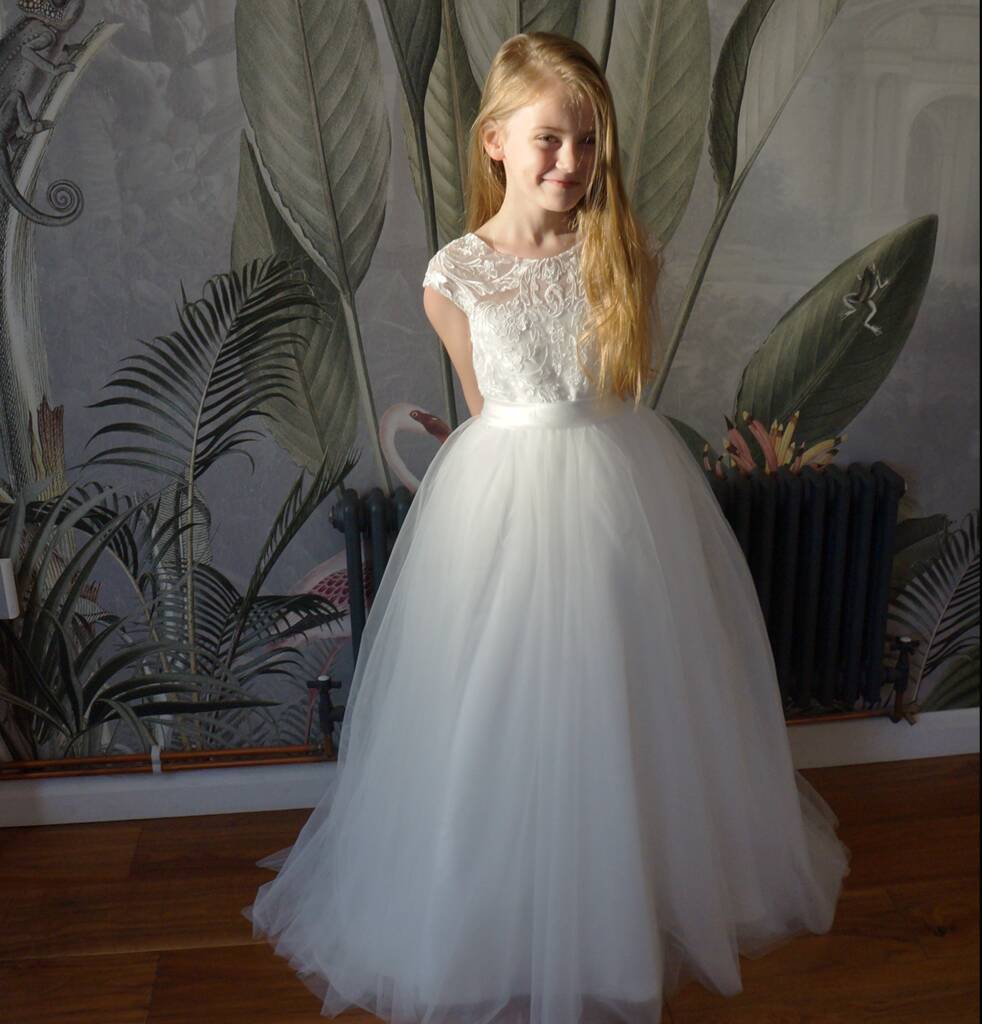 Ameria Flower Girl Dress In White | Communion Dress, 1 of 8