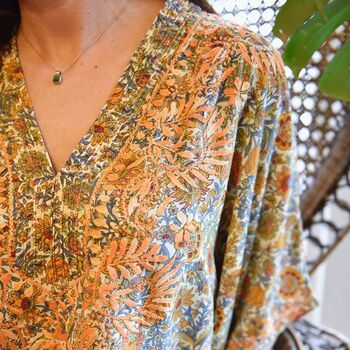 Bohemian Orange And Blue Floral Viscose Kaftan With Heavy Orange Fishbone Embroidery, 2 of 5