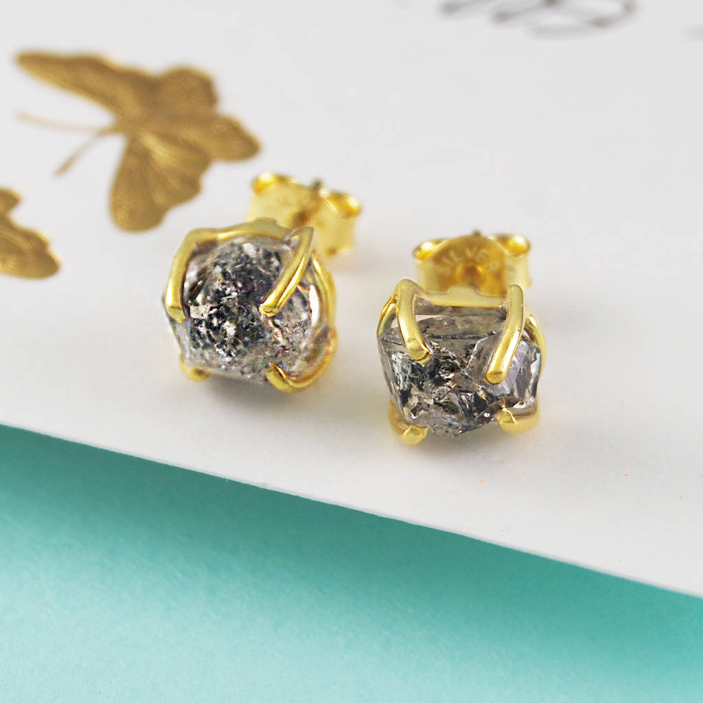 Claw Herkimer Diamond Birthstone Gold Studs By Embers Gemstone Claw Herkimer Diamond Birthstone Gold Studs
