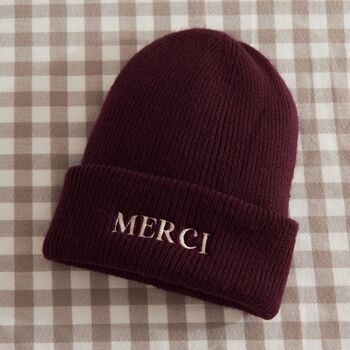 Personalised Slogan Deep Cuff Beanie Hat In Burgundy, 3 of 5