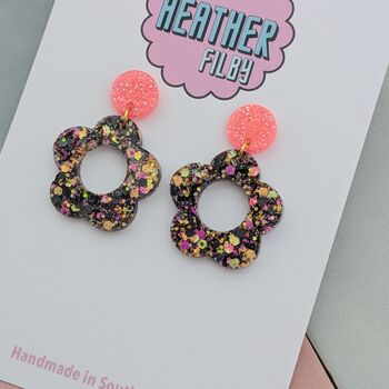 Flower Glitter Resin Earrings 60's Mary Quant Style, 6 of 8