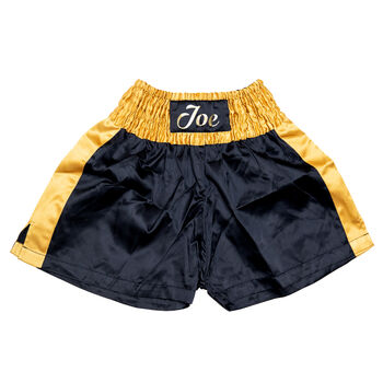 Personalised Boxing Shorts – Black And Gold Satin, 2 of 7