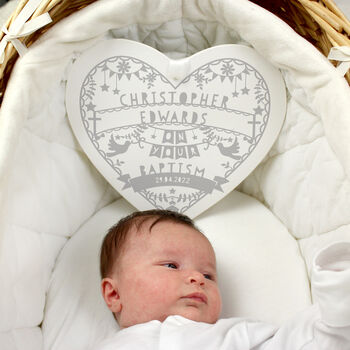 Personalised Christening Grey Papercut Style Wooden Heart, 3 of 3