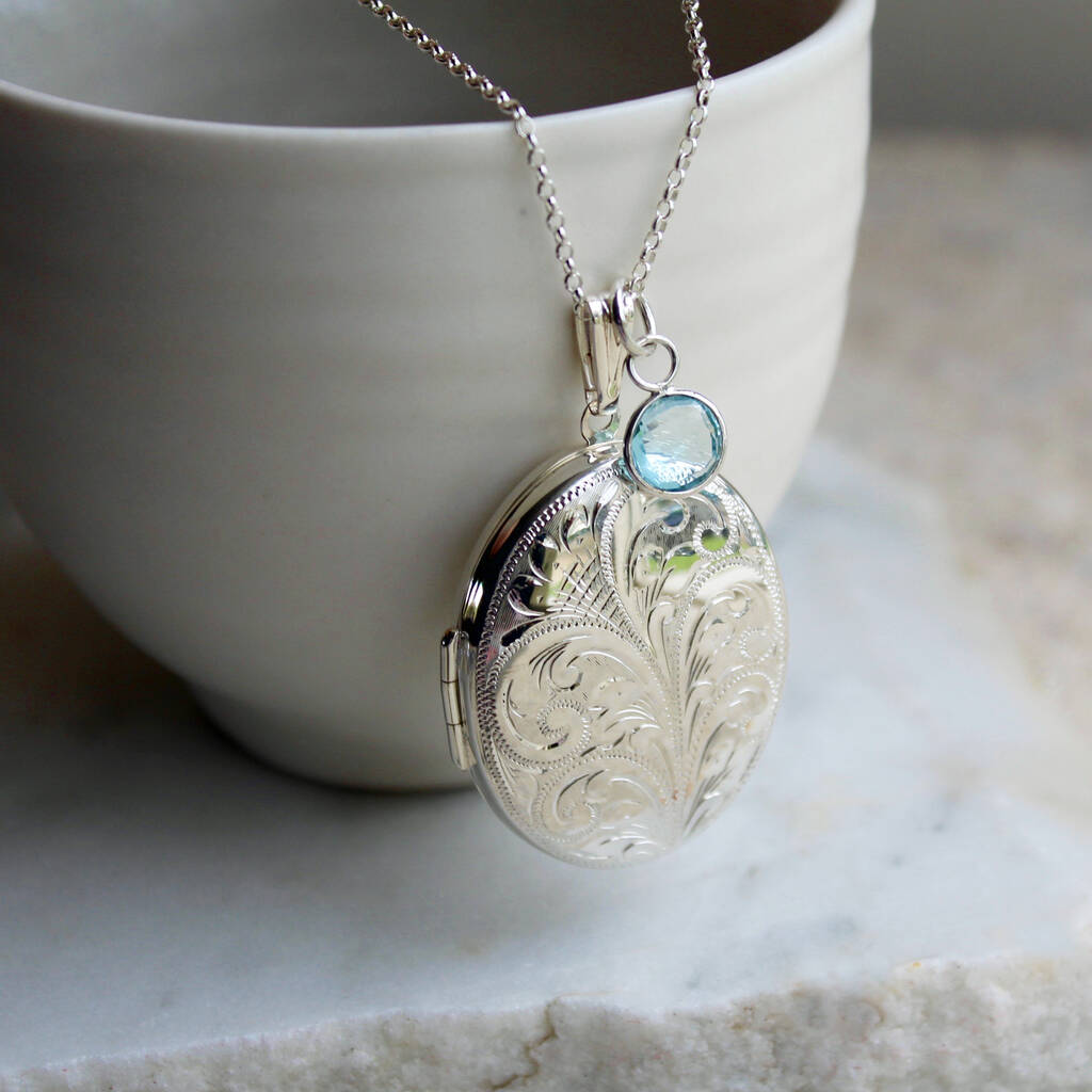 Extra Large Engraved Silver Locket With Birthstone, 1 of 8