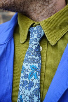 Mens Tonal Blues Bold Floral Print Slim Style Tie, 8 of 12