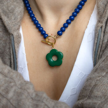 Navy Bead And Forest Green Flower Bracelet, 3 of 4