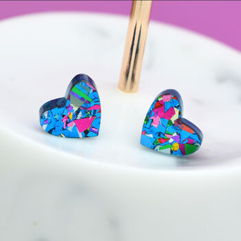 Blue Festival Confetti Love Heart Earrings Studs, 4 of 7