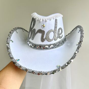 Personalised Bride To Be White Cowboy Hat With Veil, 7 of 9