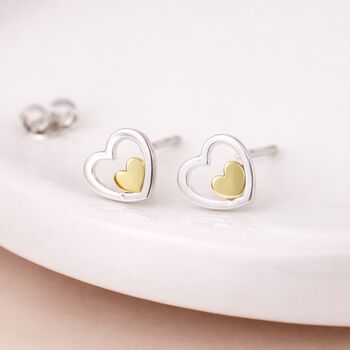Sterling Silver And Gold Double Heart Stud Earrings – 9mm, 2 of 9