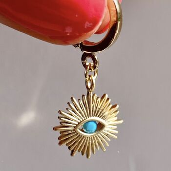 Gold Plated Sunburst Turquoise Evil Eye Hoop Earrings, 2 of 2
