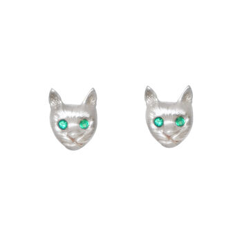 Silver And Emerald Cat Face Earrings, 2 of 3