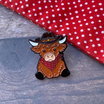 Cowboy Highland Cow With Rodeo Enamel Pin, 5 of 5