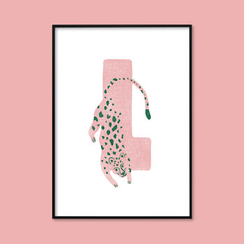 L For Leopard: Pink/Green Children's Initial Print, 3 of 3