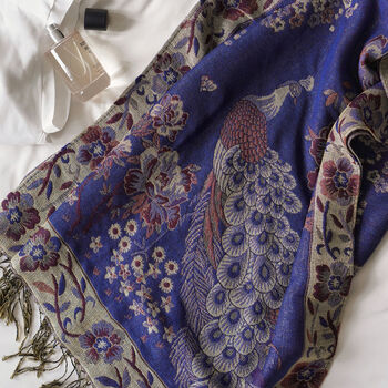 Peacock And Floral Tassel Luxe Pashmina Navy Blue/Gold, 2 of 3