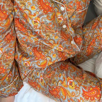 Handmade Silk Pyjamas Long Sleeve Orange Paisley, 10 of 12