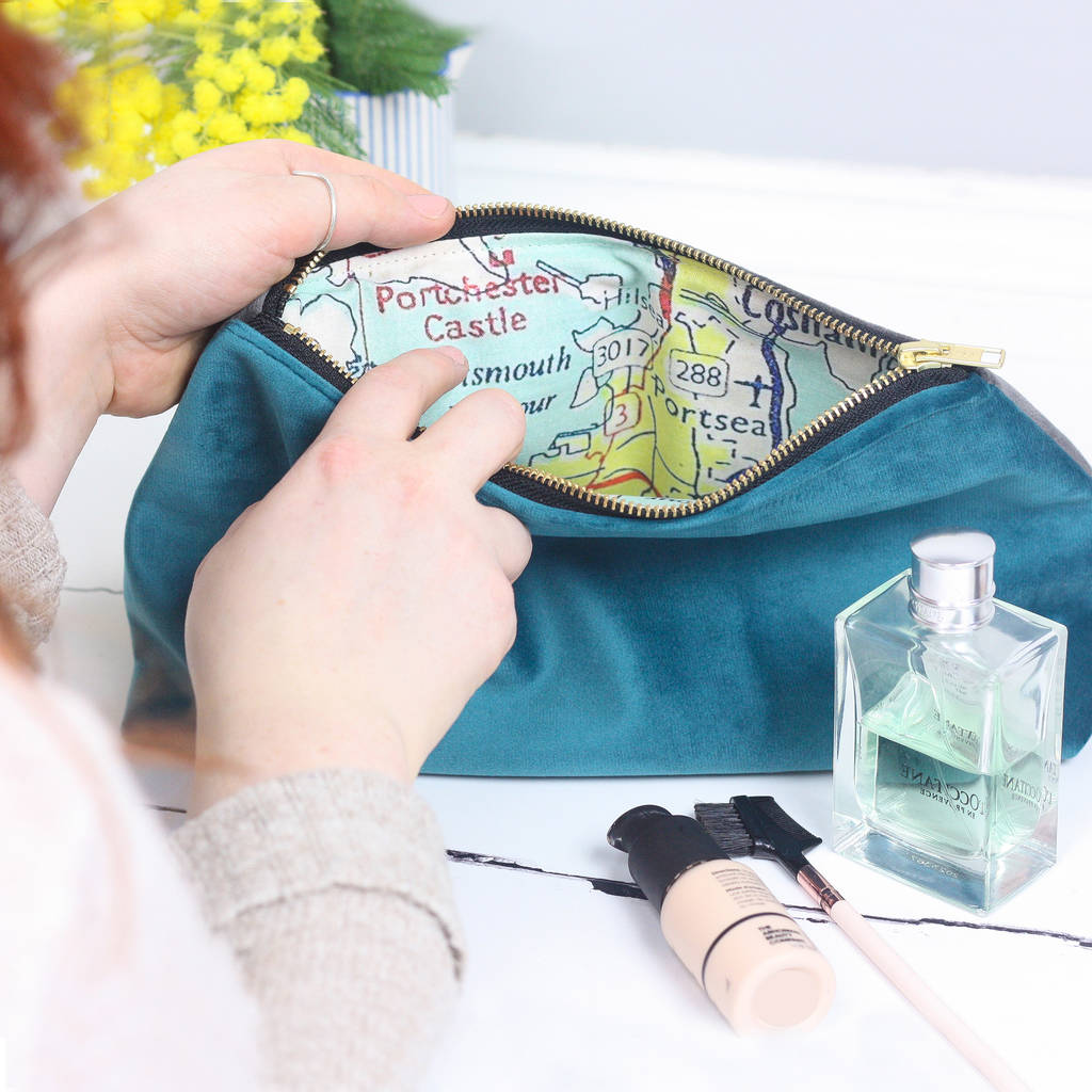 Velvet Wash Bag With A Hidden Personalised Map By Girl and Bird | notonthehighstreet.com