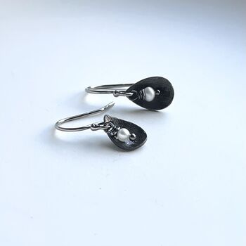 Brushed Oxidised 925 Silver And Fw Pearl Earrings, 4 of 5