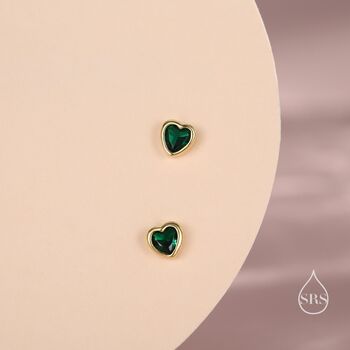 Tiny Emerald Green Cz Heart Stud Earrings, 3 of 12