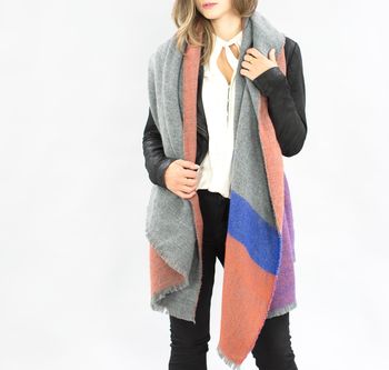 Colour Block Blanket Scarf In Coral, Blue And Grey, 4 of 6