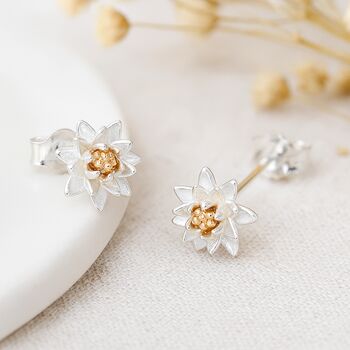 Sterling Silver And Gold Plated Water Lily Stud Earrings – 8mm, 3 of 5