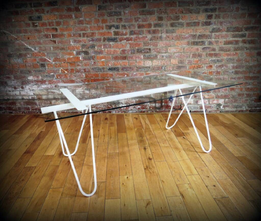 Modern Industrial Glass Hairpin Table White 349, 1 of 5