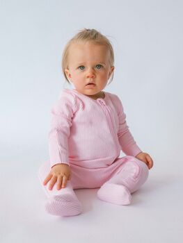 Sweet Pink Sleepsuit With Zip Ribbed Cotton Unisex, 2 of 3