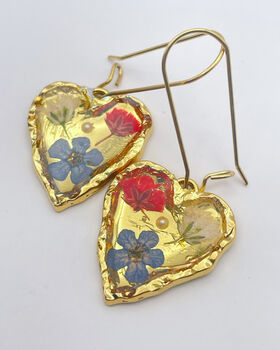 Real Blue Red Flowers Pendant Gold Leaf Earrings Hand Made, 5 of 9