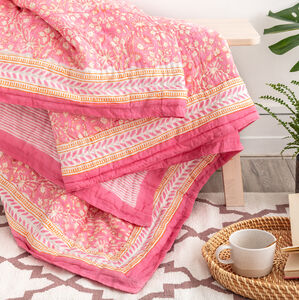 Pink Blossom Hand Block Printed King Size Quilt By Effortless Trading Co