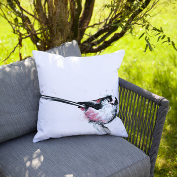 Inky Long Tailed Tit Outdoor Garden Cushion, 4 of 9