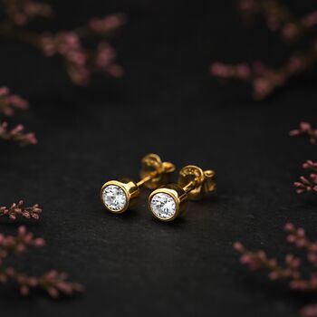 Gold Plated Sterling Silver April Cubic Zirconia Birthstone Stud Earrings, 3 of 5