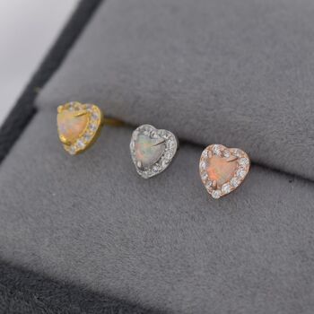 Sterling Silver Tiny Opal Heart With Cz Stud Earrings, 4 of 11
