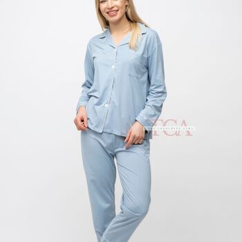 Blue Plain Soft Cotton Solid Sleepwear Pyjama Set, 11 of 12