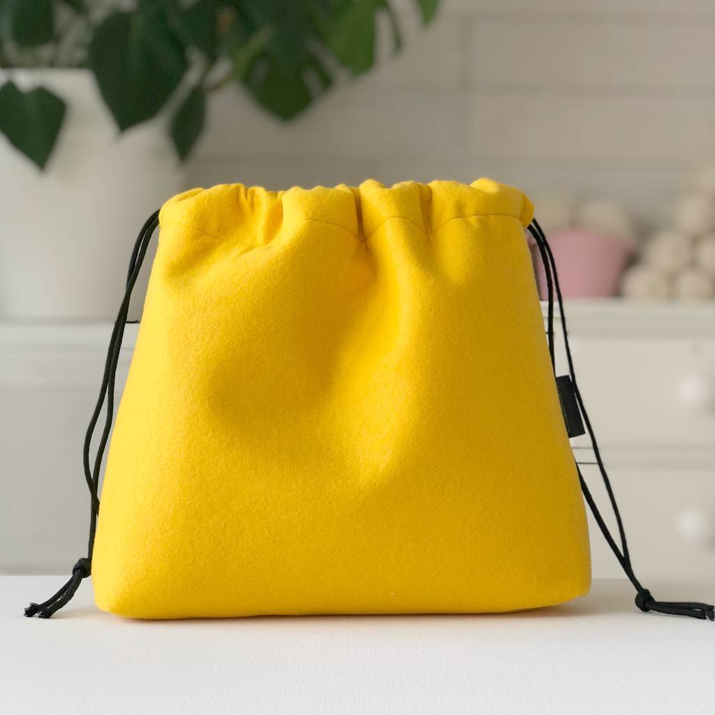 yellow felt drawstring knitting bag two sizes by kelly connor designs