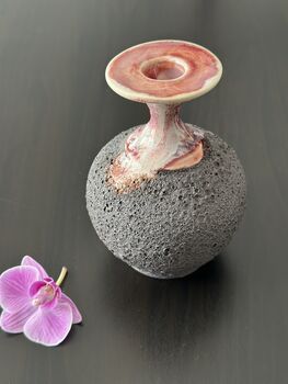Handmade Porcelain Vase Textured Charcoal Black Base With Glossy Red Glazed Rim, 3 of 4