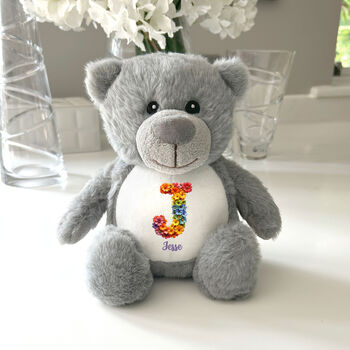 Personalised Flower Alphabet Grey New Baby Teddy Bear, 6 of 6