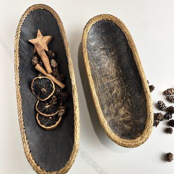 Pair Of Vintage Hand Carved Wooden Bowls Rattan Trim, 4 of 9