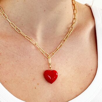 Red Hot Puffy Enamel Heart Necklace With Textured Chain, 2 of 5
