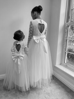 Long Sleeve Lace Flower Girl Dress – Heart Back Tulle Dress For Communion And Christening UK Handmade, 8 of 9