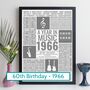 Personalised 60th Birthday Print 1966 Music Year Gift, thumbnail 1 of 12
