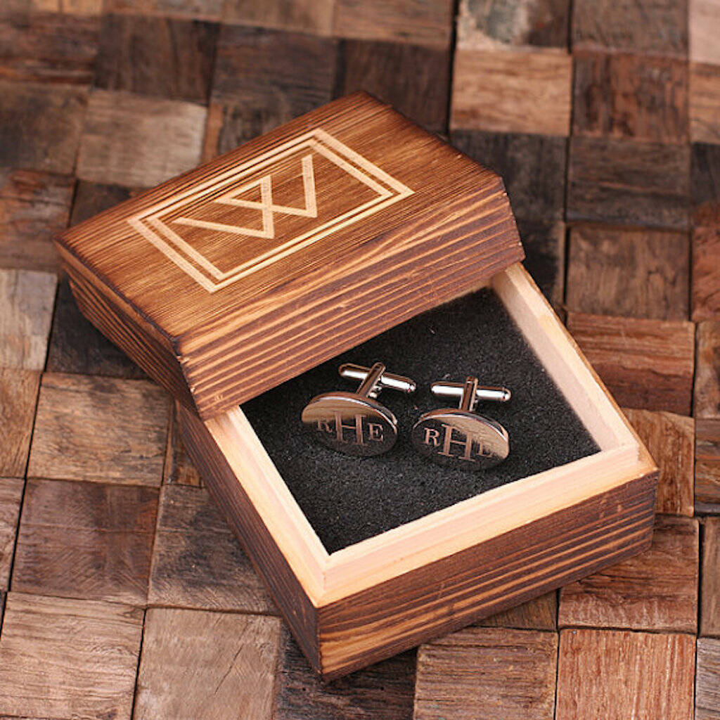 Personalised Engraved Cuff Links – Solid Wooden Box, 1 of 4