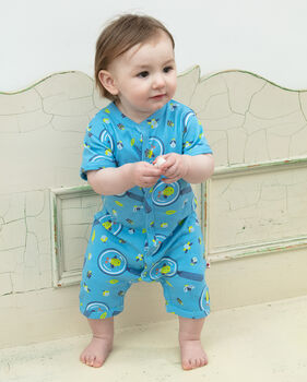 Baby + Toddler Shortie Romper | Blue Unisex Bug Print, 4 of 6