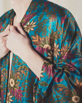 Mens Emerald Silk Blend Kimono Robe, 2 of 3