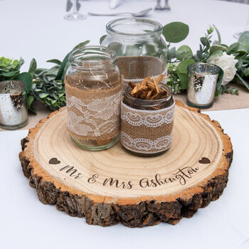 Married Names And Love Hearts Wood Slice Centrepiece, 3 of 3