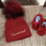 Personalised Red Single Pom Pom Christmas Hat And Booties, thumbnail 1 of 5