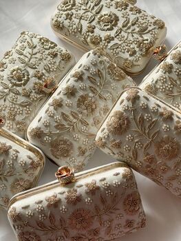 Sofia Embroidered Rectangle Clutch With Flower Clasp In White Colour, 3 of 6