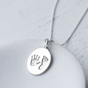 Personalised Hand And Footprint Silver Oval Necklace, 2 of 8