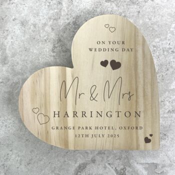 Personalised Wedding Script Text Wooden Freestanding Heart, 2 of 6