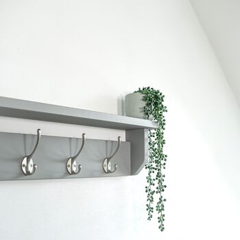 All Grey Coat Rack With Shelf, Shelf 10cm Deep, Shelf With Hooks, Black, Silver, Bronze, Copper, Chrome, Brass Hooks, Painted In F And B No.265, 4 of 9