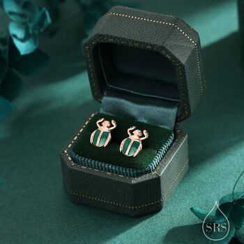 Sterling Silver Tiny Scarab Beetle Stud Earrings With Enamel, 2 of 12